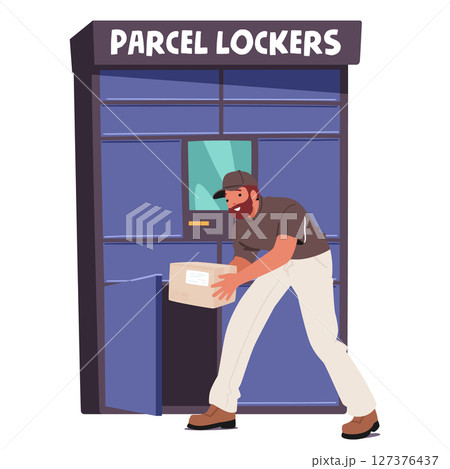 Man cartoon character putting cardboard parcel box into postal lockers sending package to addressee 127376437