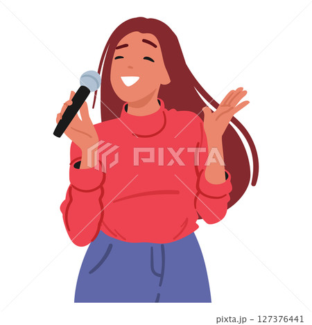 Excited talented young woman singing song holding microphone in hands isolated on white background 127376441