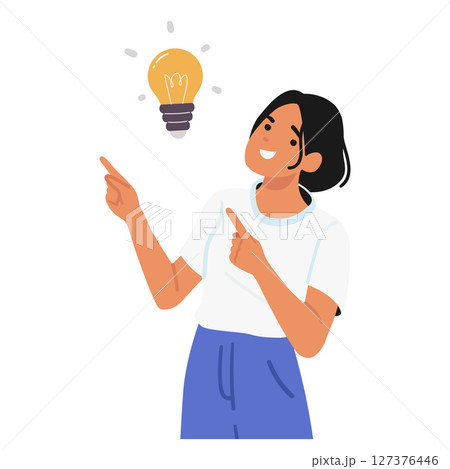 Smart emotional woman cartoon character pointing aside at glowing idea light bulb isolated on white Smart emotional woman cartoon character pointing aside at glowing idea light bulb isolated on white 127376446