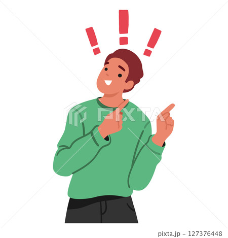 Smiling man cartoon character with exclamation marks pointing fingers aside isolated on white 127376448