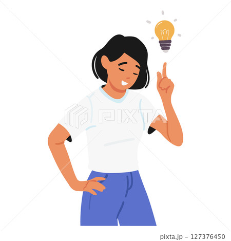 Happy smiling woman cartoon character having brilliant idea isolated portrait on white background 127376450