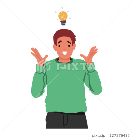 Emotional delighted young guy cartoon character with light bulb finding solution and great idea 127376453
