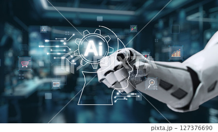 Futuristic Robot Hand Pointing at Artificial Intelligence Symbol in Modern Data-Driven Workspace with Digital Graphics and Technology Background. Auvana Futuristic Robot Hand Pointing at Artificial Intelligence Symbol in Modern Data-Driven Workspace with Digital Graphics and Technology Background. Auvana 127376690