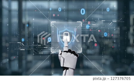 Futuristic robotic hand interacting with digital security interface in a high-tech environment showcasing advanced technology and cybersecurity solutions. Auvana Futuristic robotic hand interacting with digital security interface in a high-tech environment showcasing advanced technology and cybersecurity solutions. Auvana 127376705