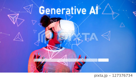 Engaging Woman in VR Headset Exploring Generative AI Concepts in a Futuristic Digital Environment XDMCP 127376734