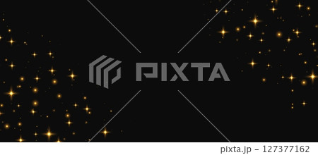 Golden sparkling stars background, shiny particles light effect, transparent flying stardust texture, abstract twinkle backdrop. 127377162