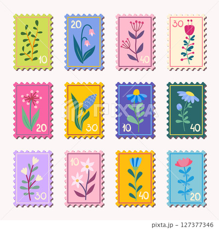 Colorful floral postage stamps set with botanical illustrations Colorful floral postage stamps set with botanical illustrations 127377346