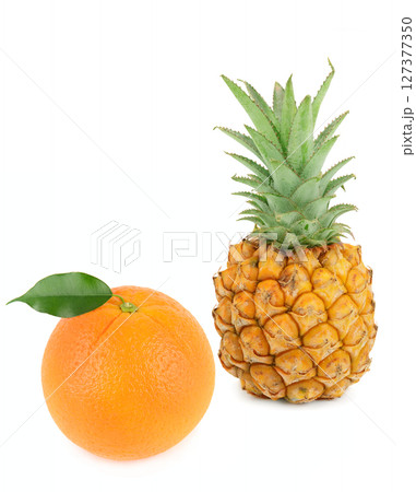 Orange with green leaf and pineapple isolated on white background. Orange with green leaf and pineapple isolated on white background. 127377350