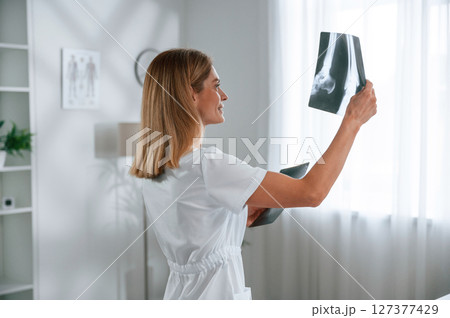 Checking x-ray. Young female doctor in white coat is indoors Checking x-ray. Young female doctor in white coat is indoors 127377429