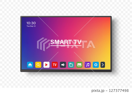 Vector 3d Realistic Smart TV Interface with Apps on Screen. Flat Smart Television Mockup with Remote App Icons, Colorful Home Media Display, Streaming Dashboard, Smart Display Panel, Modern TV Vector 3d Realistic Smart TV Interface with Apps on Screen. Flat Smart Television Mockup with Remote App Icons, Colorful Home Media Display, Streaming Dashboard, Smart Display Panel, Modern TV 127377498