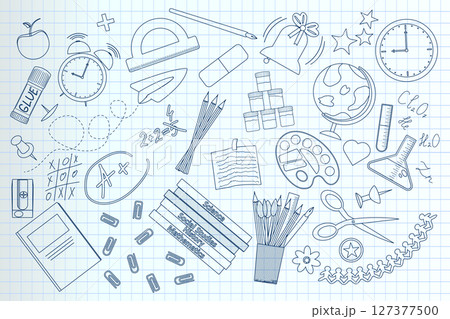 Hand drawn school doodle drawing outlines supplies set on graph paper background with various educational and classroom elements. For back to school stationery concept, and education visual. 127377500