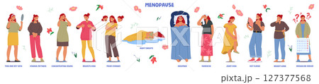Menopause symptoms and consequences cartoon infographics with woman showcasing common problems 127377568