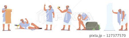 Grey-haired elderly philosopher, ancient thinker cartoon character isolated set on white background 127377570