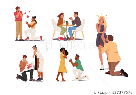 Marriage proposal cartoon set with cute romantic couples characters isolated on white background 127377573