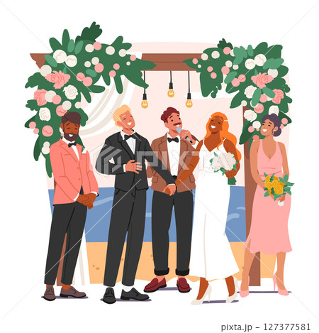 Wedding ceremony outdoor setup scene with groom and bride wearing traditional festive clothes 127377581