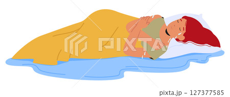 Sad woman cartoon sleepless character suffering from night sweats menopause syndrome lying on bed 127377585
