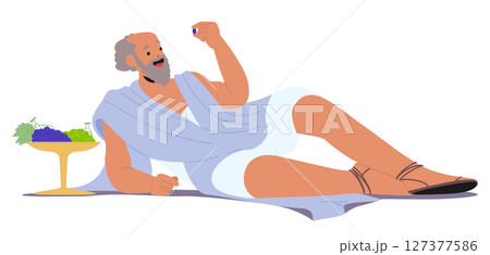 Excited lazy elderly philosopher comic ancient cartoon character lying eating grapes thinking 127377586