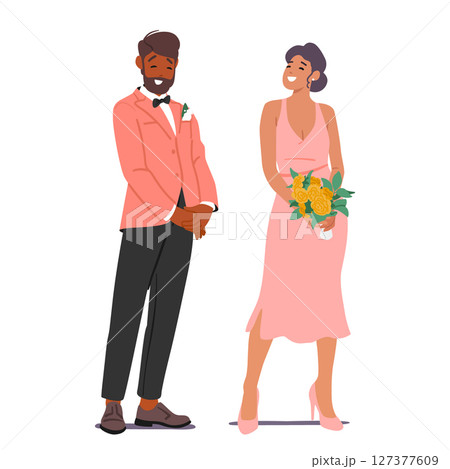 Man woman guests on wedding ceremony cartoon characters wearing festive clothes isolated on white 127377609