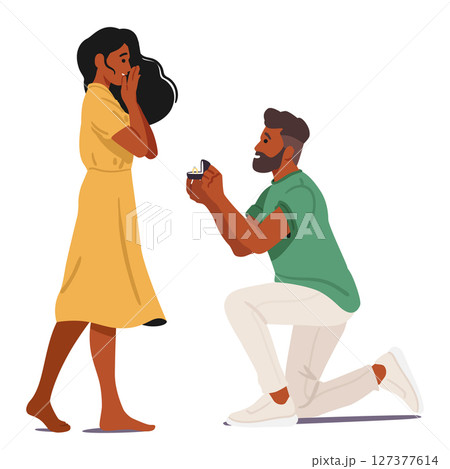 Boyfriend proposing his girlfriend to marry kneeling with engagement ring in box isolated on white Boyfriend proposing his girlfriend to marry kneeling with engagement ring in box isolated on white 127377614