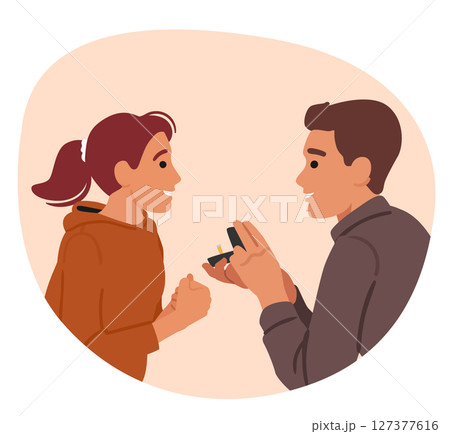 Romantic couple excited cartoon characters portrait with boyfriend proposing marriage to girlfriend 127377616