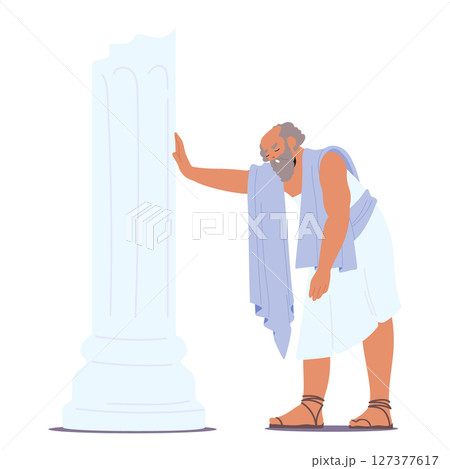Tired exhausted ancient elderly philosopher comic cartoon character leaning on antique column Tired exhausted ancient elderly philosopher comic cartoon character leaning on antique column 127377617