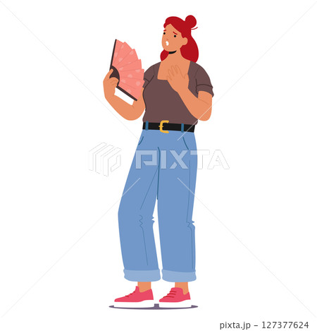 Fatigue woman cartoon character feeling unwell suffering from hot flames waving fan in front of face 127377624