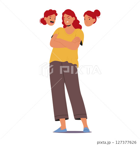 Woman cartoon character suffering from sudden mood changes standing isolated on white background 127377626