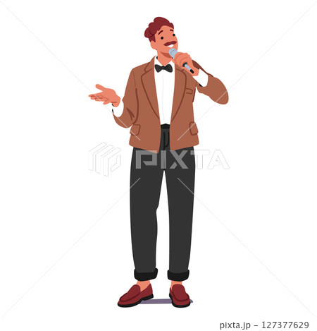 Cheerful and fiery wedding host talking in microphone standing isolated on white background 127377629