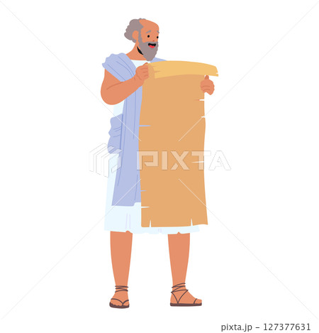 Grey-haired elderly philosopher reading aged parchment scroll ancient document spreading teaching 127377631