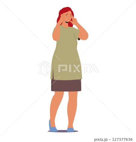 Woman cartoon character suffering from concentrating issues rubbing her temples trying to remember Woman cartoon character suffering from concentrating issues rubbing her temples trying to remember 127377636