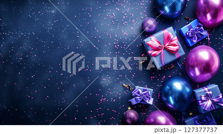 Festive gift boxes and balloons on a bright background with copyspace 127377737