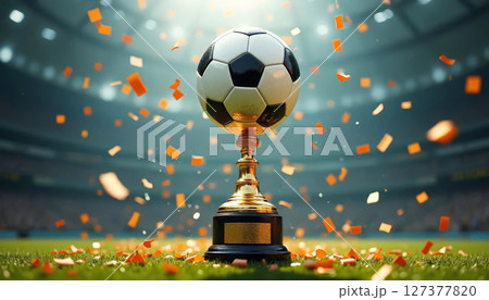 Golden soccer trophy and ball with sparkling confetti on stadium field, symbolizing victory and celebration in sports. 127377820