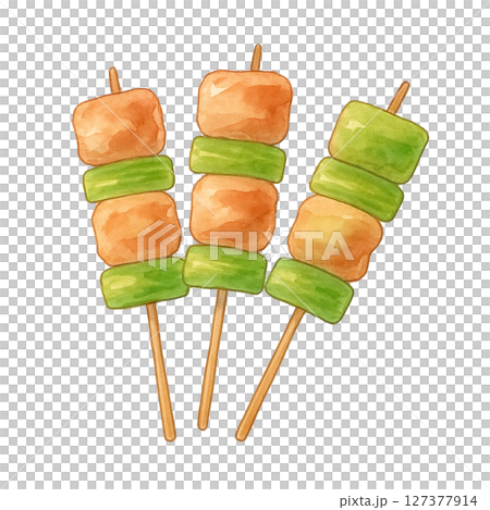 水彩手描きイラスト｜ねぎま串が3本並んだ焼き鳥 127377914