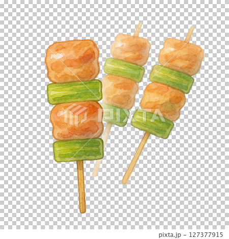 Watercolor hand-drawn illustration | Yakitori with three skewers of Negima 127377915