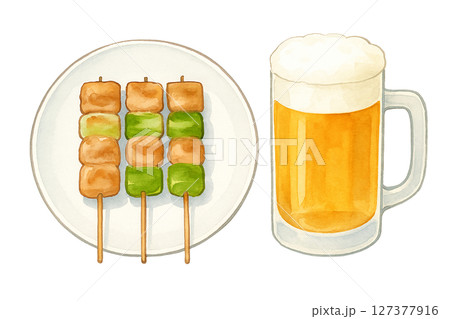 水彩手描きイラスト｜ねぎま串3本とビールジョッキの組み合わせ 127377916
