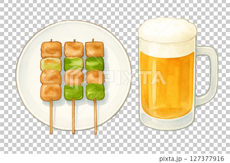 水彩手描きイラスト｜ねぎま串3本とビールジョッキの組み合わせ 127377916