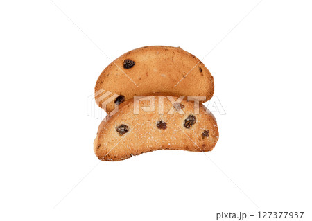 Isolated slice of bread with raisins Isolated slice of bread with raisins 127377937