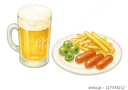 水彩手描きイラスト｜ビールジョッキとおつまみプレート（フライドポテト・ソーセージ・オリーブ） 127378212