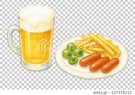 水彩手描きイラスト｜ビールジョッキとおつまみプレート（フライドポテト・ソーセージ・オリーブ） 127378212