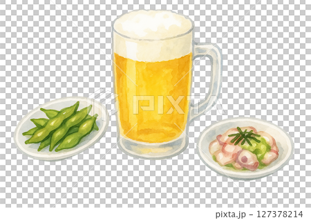 水彩手繪插圖 | 啤酒杯和毛豆和章魚和芥末小吃套裝 127378214