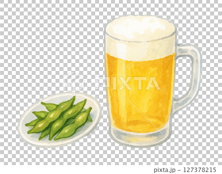 Watercolor hand-drawn illustration | Beer mug and edamame snacks 127378215