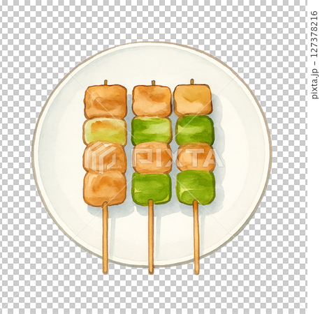 お皿に盛り付けた焼き鳥 127378216