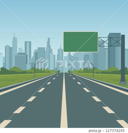 Highway Road Vector Background. Empty Highway Road Vector Illustration with Green Road Sign, Street Lights, Blue Sky. Highway Road Vector for Transportation, Travel, Cityscape, Journey, Poster, Banner Highway Road Vector Background. Empty Highway Road Vector Illustration with Green Road Sign, Street Lights, Blue Sky. Highway Road Vector for Transportation, Travel, Cityscape, Journey, Poster, Banner 127378285