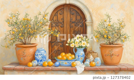 Mediterranean style vintage still life featuring olive trees, vibrant oranges, flowers, traditional pottery, and rustic wooden door in sunlit environment 127378402