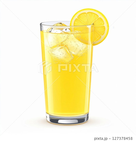 Refreshing Yellow Lemonade Drink with Ice and Lemon 127378458