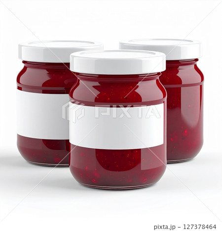 Three Jars of Red Fruit Jam with Blank Labels 127378464