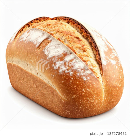 Artisan Loaf of Golden Brown Bread on White Background 127378481