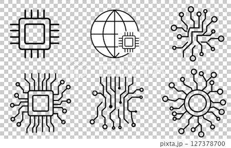 一組 6 個抽象的黑白圖標，象徵技術和數位電路 127378700