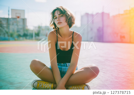 A woman is sitting on the ground with her legs crossed 127378715