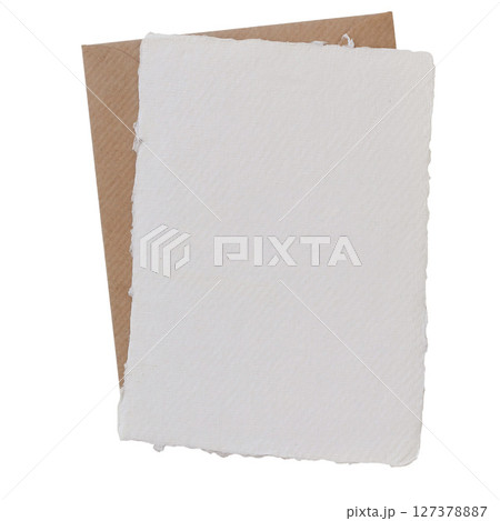 Blank handmade paper greeting card, invitation mockup with rough edges, brown kraft envelope isolated on white background. Minimalist birthday, wedding stationery template. Cotton paper. 127378887